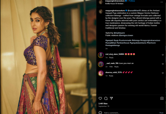 Sara Ali Khan Shines in Upcycled Mayyur Girotra Lehenga Crafted from Antique Brocade Saris